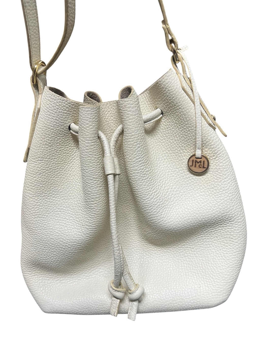 J.  McLaughlin ivory pebbled leather drawstring bucket bag adjustable strap